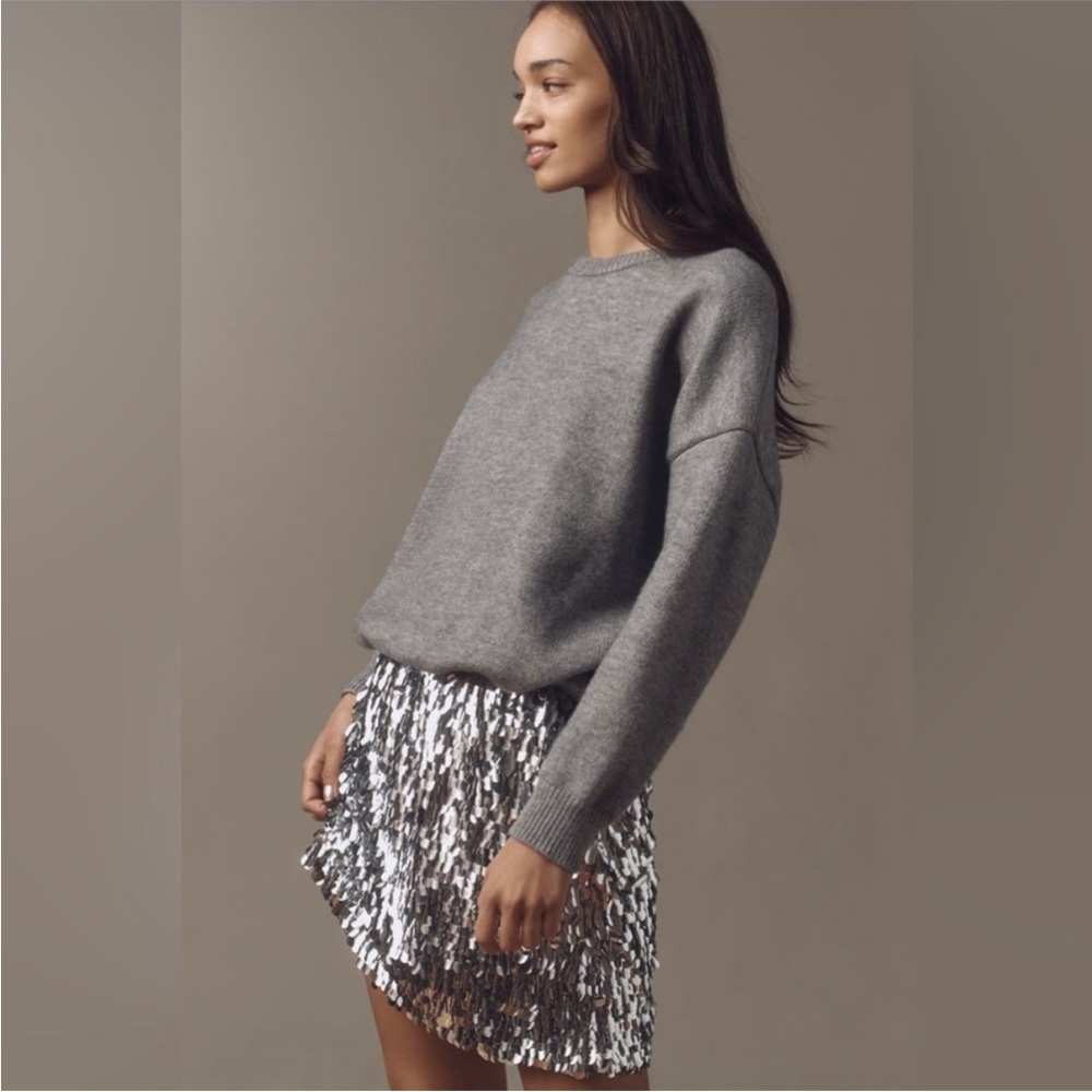 Anthropologie Gray Sweater with Silver Sequin Mini Skirt, Side Small